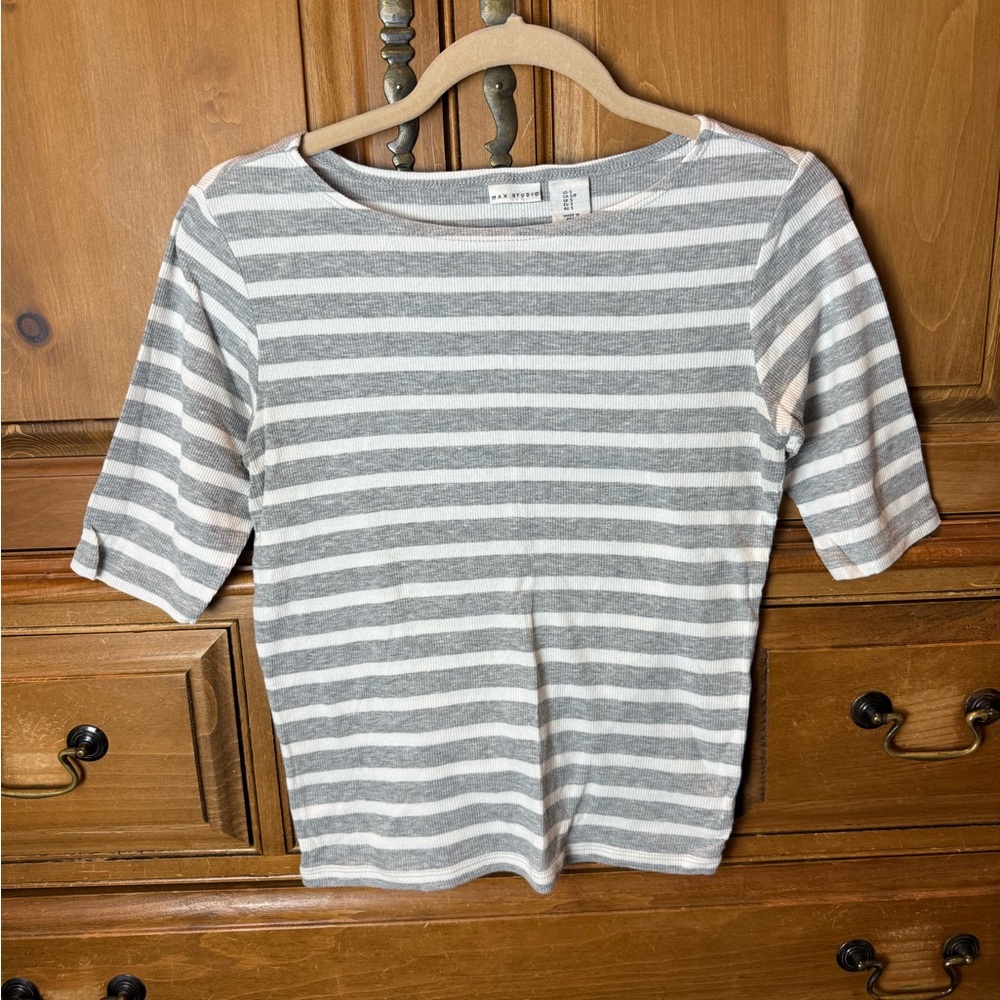 Max Studio Gray and White Striped Top